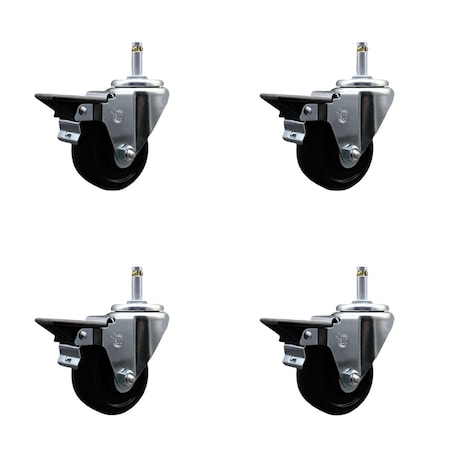 Service Caster 3'' Soft Rubber Wheel Swivel 7/16'' Grip Ring Stem Caster Set with Brake, 4PK SCC-GR20S314-SRS-PLB-716138-4